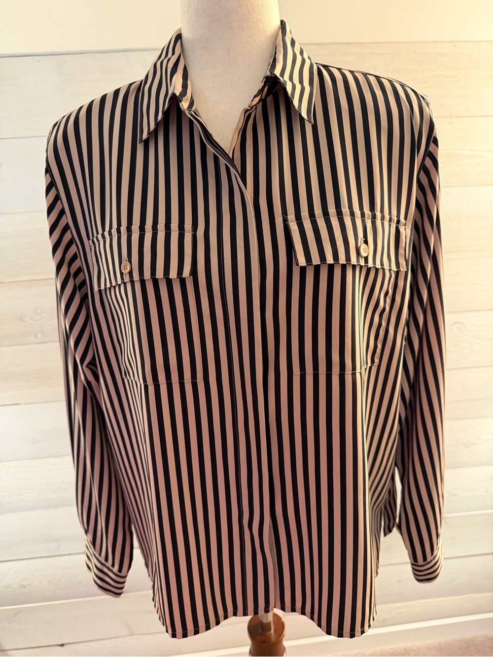 Alfred Dunner Black and Beige Striped Button-Down Shirt
